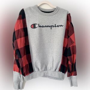 Upcycled Champion Sweatshirt Flannel Sleeves Sz XL